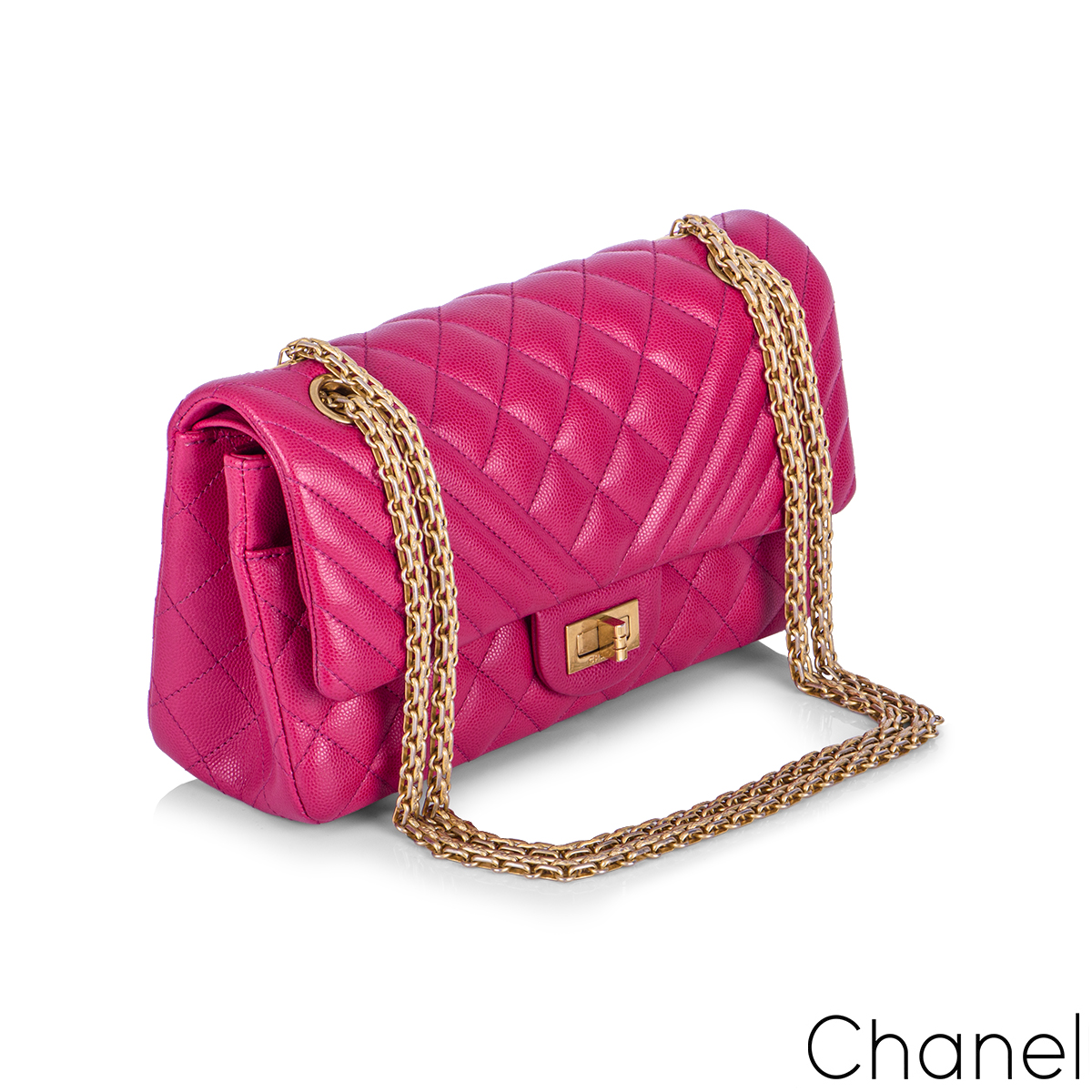 Chanel Fuchsia Pink Caviar Medium Chevron Quilted 2.55 Reissue Double Flap  Bag